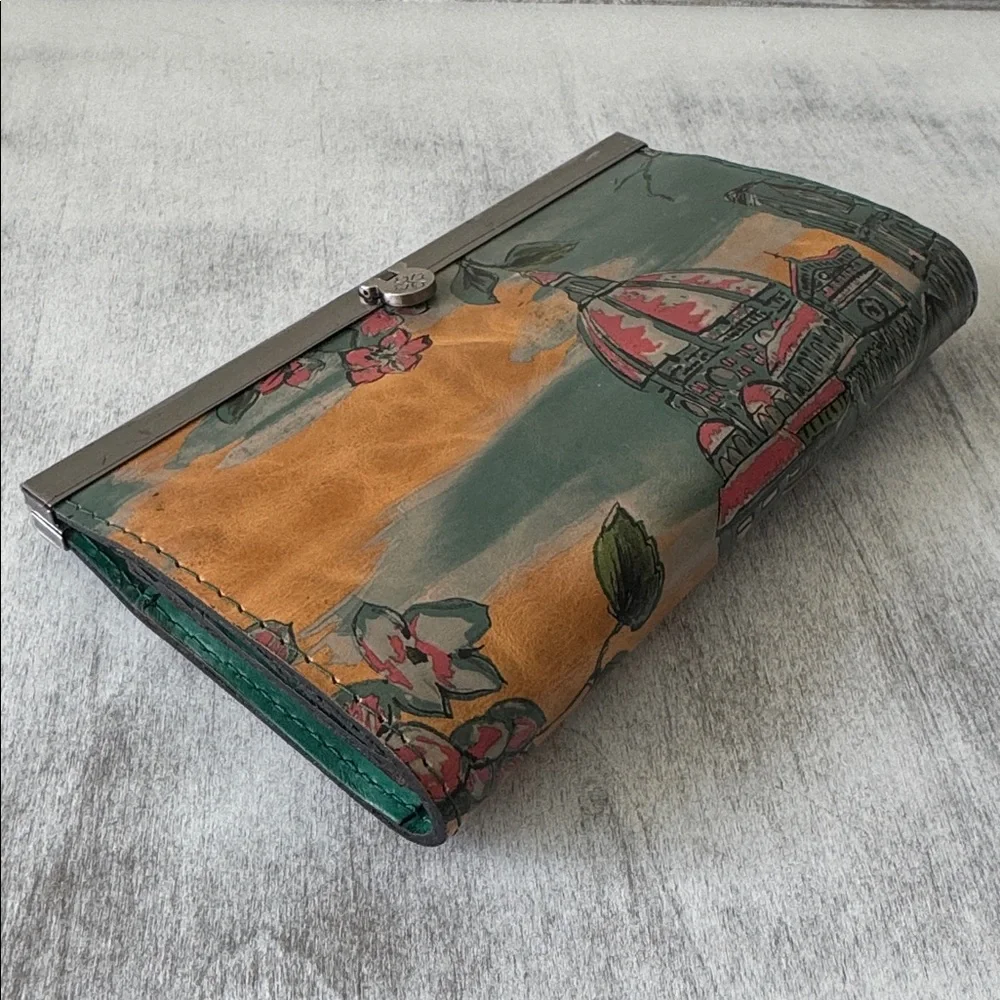 Patricia Nash Cauchy Leather Frame Floral Wallet RFID Beautiful Girl Tan Green